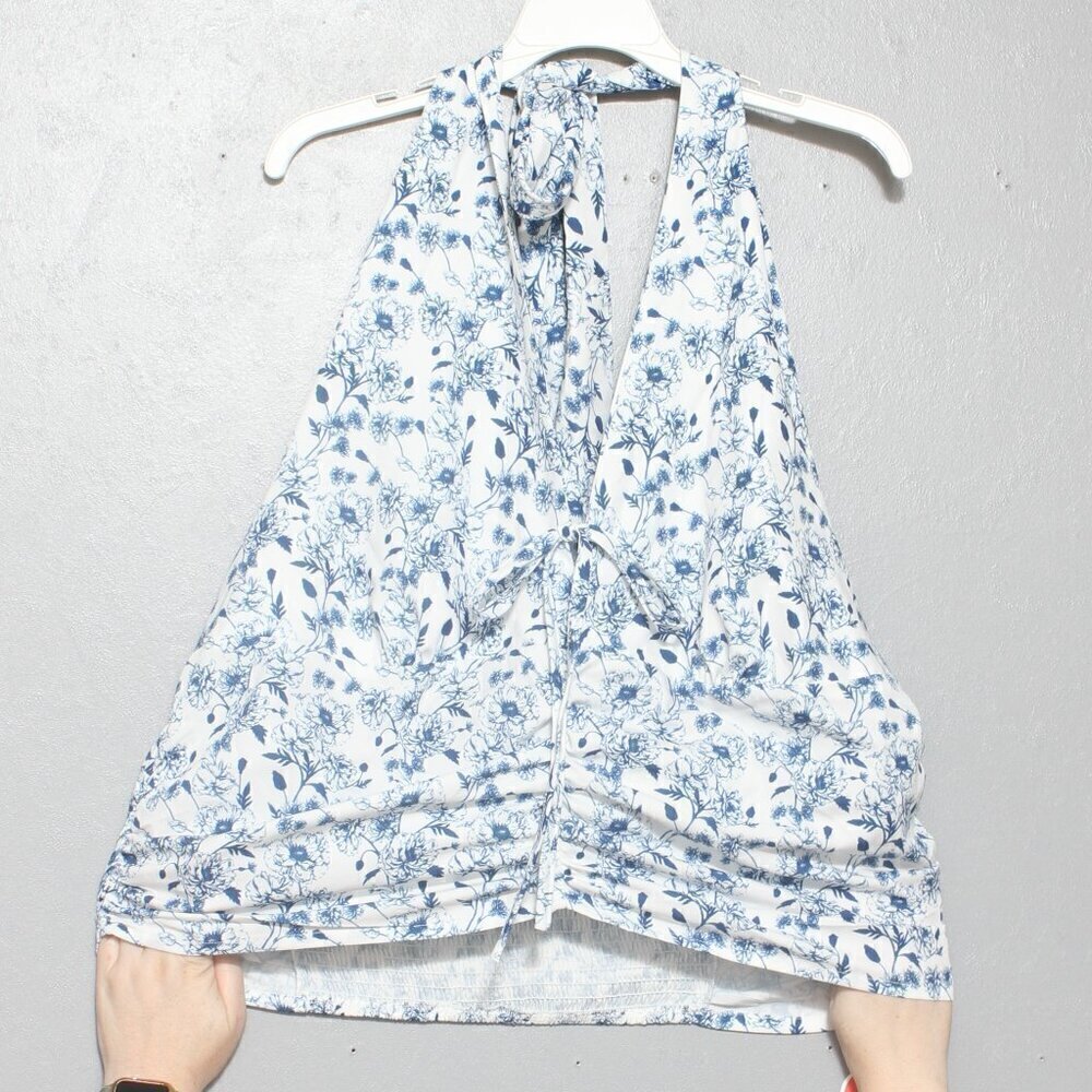 Cider nwt blue white floral cinched halter tie neck top